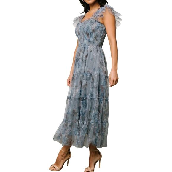 Baltic Born Clementine Blue Floral Midi Bohemian Smocked Tulle Dress - Picture 3 of 14
